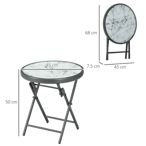 Outsunny Φ45cm Garden Side Table, Outdoor Round Folding Patio Table with Imitation Marble Glass Top, Small Coffee Table, White - 3