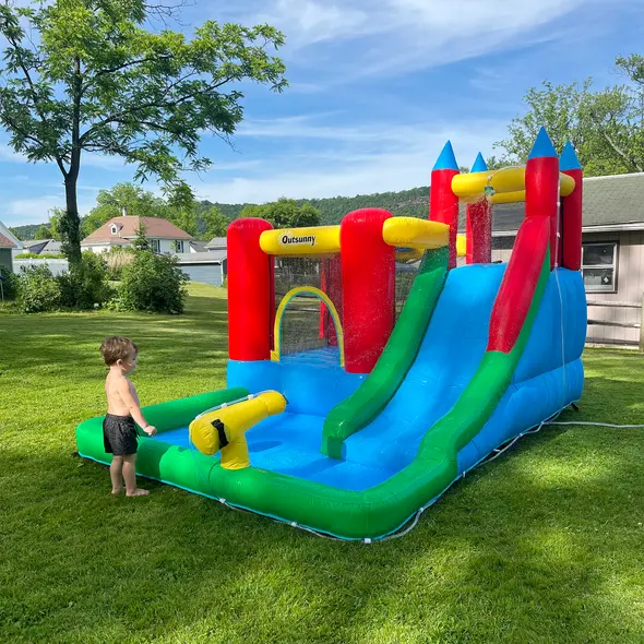 Outsunny Kids Inflatable Bouncy Castle Water Slide 6 in 1 Bounce House Jumping Castle Water Pool Gun Climbing Wall Basketball Hoop with Air Blower for Summer Playland - 9