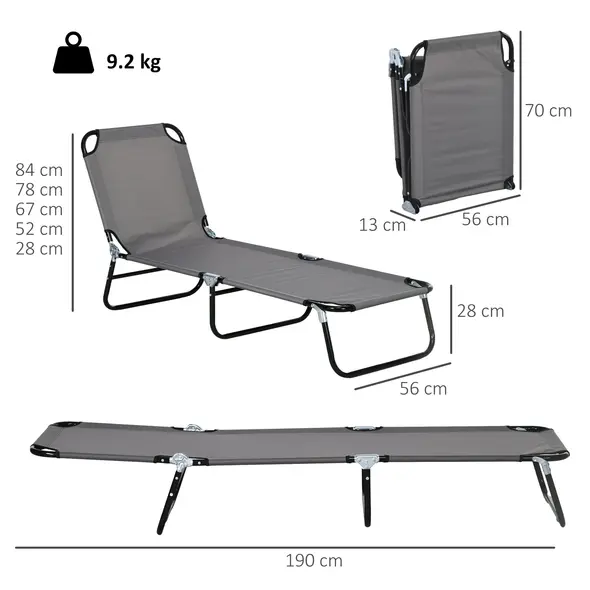 Outsunny Garden Sun Lounger, with Five-Position Back - Grey - 3