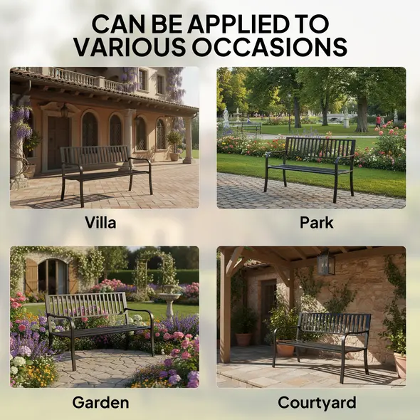 Outsunny Metal Garden Bench Loveseat with Slatted Seat, Black - 6