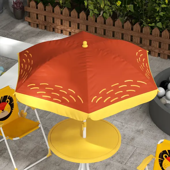 Outsunny Kids Picnic Table and Chair Set, Lion Themed Outdoor Garden Furniture w/ Foldable Chairs, Adjustable Parasol - Yellow - 9