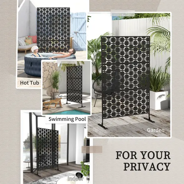 Outsunny Metal Decorative Privacy Screen Outdoor Divider, Black Grid - 6