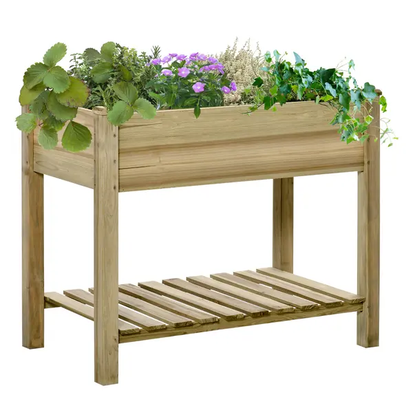 Outsunny Garden Wooden Planters， Raised Garden Bed with Legs and Storage Shelf Elevated Wooden Planter Box - 1