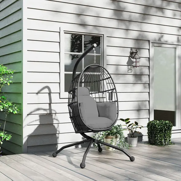 Outsunny Hanging Egg Chair Outdoor Indoor Garden Swing Chair with Folding Basket and Thickened Cushion, Garden Hanging Chair with Stand, Headrest, Cup Holder for Patio, Balcony, Dark Grey - 8