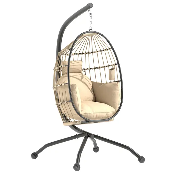 Outsunny Hanging Egg Chair Outdoor Indoor Garden Swing Chair with Folding Basket and Thickened Cushion, Garden Hanging Chair with Stand, Headrest, Cup Holder for Patio, Balcony, Khaki - 1