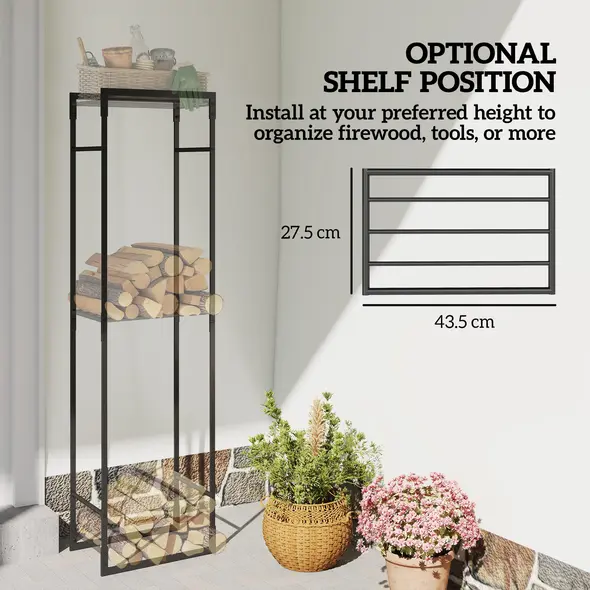 Outsunny Metal Firewood Log Holder, Heavy Duty Firewood Rack with Adjustable Shelf, Indoor Outdoor Fireplace Wood Storage Shelf, 45 x 31 x 170 cm, Black - 4