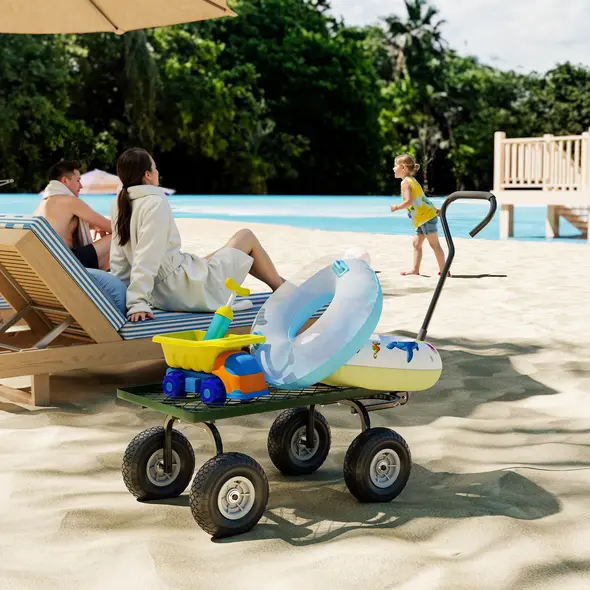 Outsunny Garden Trolley Cart, Heavy Duty Garden Cart with Metal Frame, 10" Pneumatic Wheels, Rotating Handle, 150kg Capacity, for Garden, Farm, Green - 8