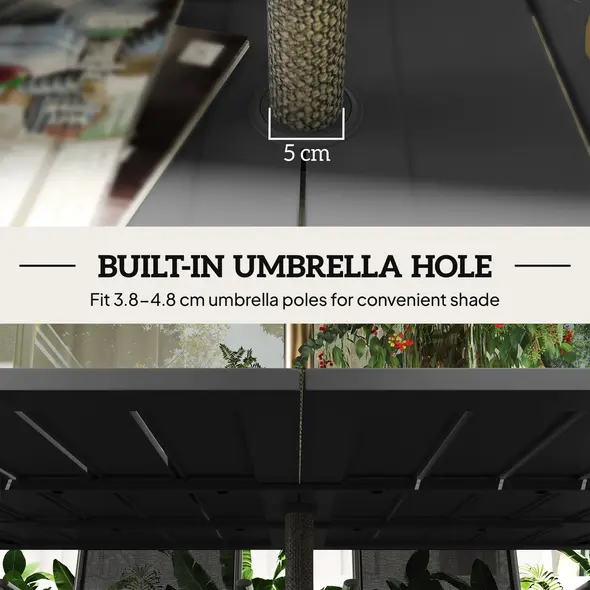 Outsunny Garden Table with Parasol Hole for 6 Person, Rectangle Outdoor Dining Table with Slatted Metal Tabletop, Steel Frame for Patio, Balcony, 150 x 90 x 73 cm, Black - 5