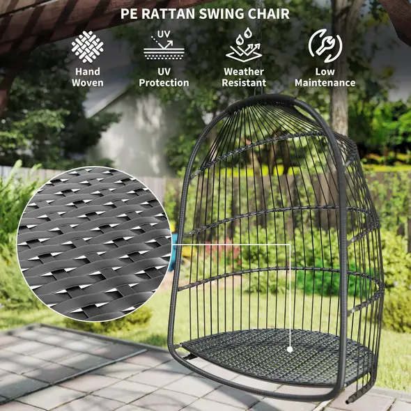 Outsunny Hanging Egg Chair, Foldable Rattan Garden Swing Chair with Installation Kit, Thickened Cushion and Headrest, Indoor Outdoor Hanging Egg Basket Seat for Patio, Porch, Dark Grey - 5