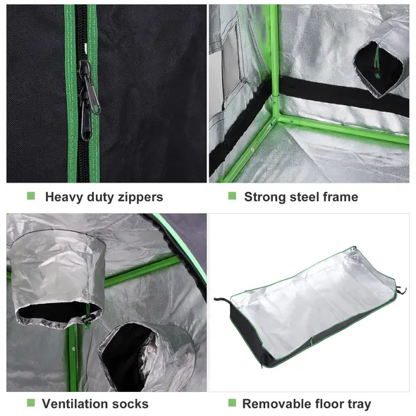 Outsunny Grow Tent Reflective Mylar Hydroponic with Adjustable Vents and Floor Tray for Indoor Plant Growing, 60 x 60 x 140 cm (24.5" x 24.5" x 55") - 4