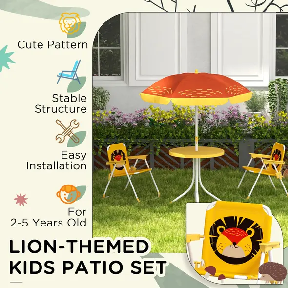Outsunny Kids Picnic Table and Chair Set, Lion Themed Outdoor Garden Furniture w/ Foldable Chairs, Adjustable Parasol - Yellow - 6