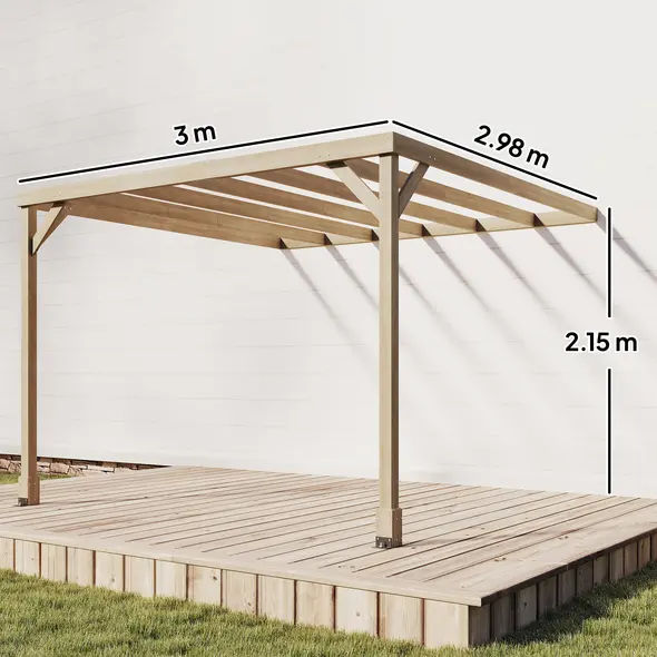 Outsunny Lean-To Wooden Pergola Kit, Decorative Garden Gazebo with Stable Structure and Concrete Anchors, 3 x 3 m, Light Brown - 3