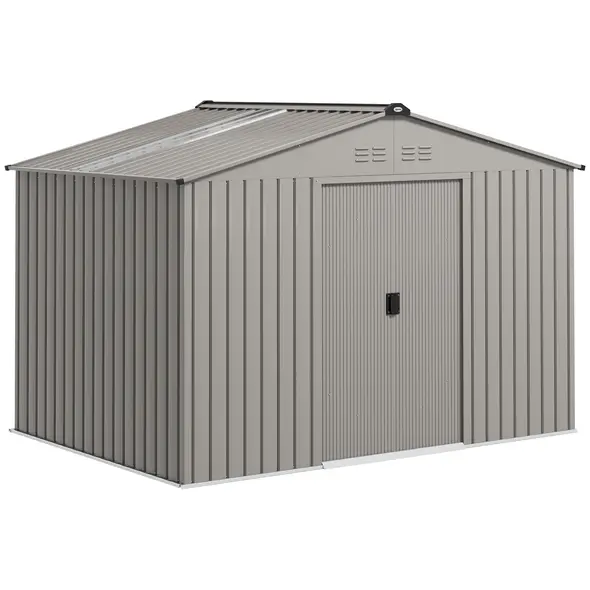 Outsunny Garden Storage Shed, Metal Outdoor Storage Shed House with Foundation Kit, Ventilation, Doors, 9 x 6FT, Grey - 1