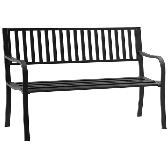 Outsunny Metal Garden Bench Loveseat with Slatted Seat, Black - 1