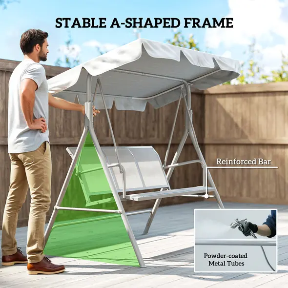 Outsunny Metal Garden Swing Chair, 3-Seater Swing Seat, Patio Hammock Bench Canopy Lounger, Light Grey - 6