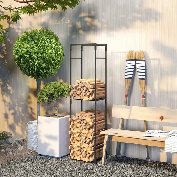 Outsunny Metal Firewood Log Holder, Heavy Duty Firewood Rack with Adjustable Shelf, Indoor Outdoor Fireplace Wood Storage Shelf, 45 x 31 x 170 cm, Black - 7