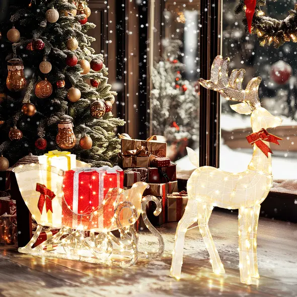 Outsunny Lighted Christmas Reindeer in Sleigh with Gift Boxes - 2