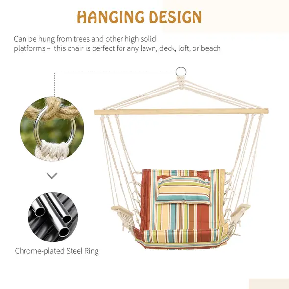 Outsunny Hanging Hammock Chair Swing Chair Thick Rope Frame Safe Wide Seat Indoor Outdoor Home, Patio, Yard, Garde Spot Stylish Multi-Color Stripe - 6