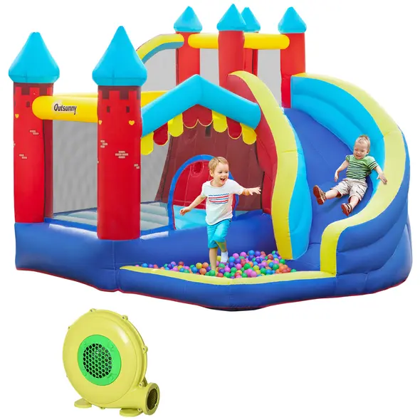 Outsunny Kids Bouncy Castle, with Slide, Pool, Trampoline, Climbing Wall, Blower - 1