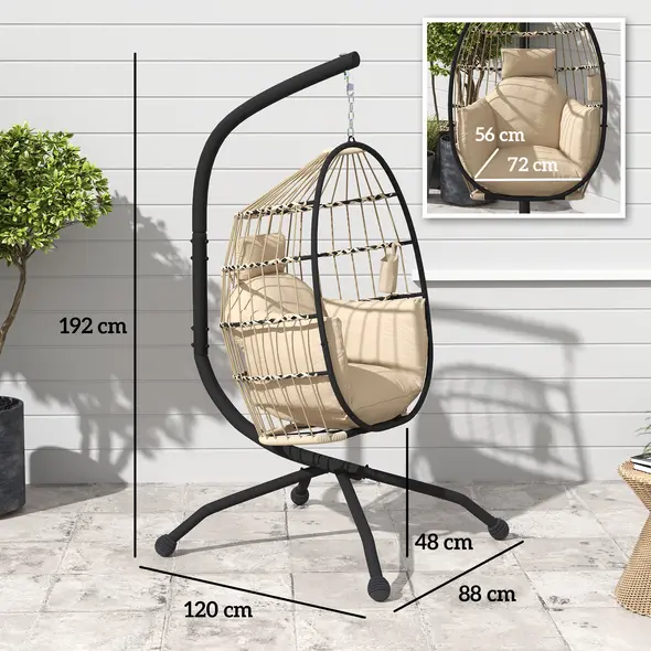 Outsunny Hanging Egg Chair Outdoor Indoor Garden Swing Chair with Folding Basket and Thickened Cushion, Garden Hanging Chair with Stand, Headrest, Cup Holder for Patio, Balcony, Khaki - 3