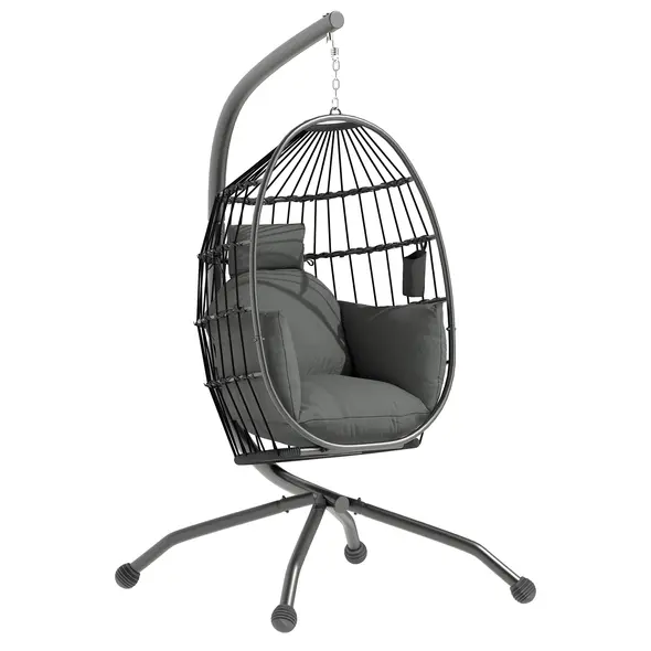 Outsunny Hanging Egg Chair Outdoor Indoor Garden Swing Chair with Folding Basket and Thickened Cushion, Garden Hanging Chair with Stand, Headrest, Cup Holder for Patio, Balcony, Dark Grey - 1