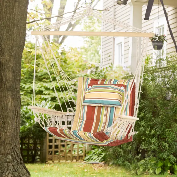 Outsunny Hanging Hammock Chair Swing Chair Thick Rope Frame Safe Wide Seat Indoor Outdoor Home, Patio, Yard, Garde Spot Stylish Multi-Color Stripe - 2