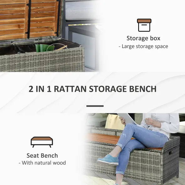 Outsunny Patio Wicker Storage Bench Box, Outdoor Garden PE Rattan Pool Storage Deck Bin Box w/ Natural Wood Top, Lid, Ideal for Storing Tools, Accessories and Toys, Mixed Grey - 4