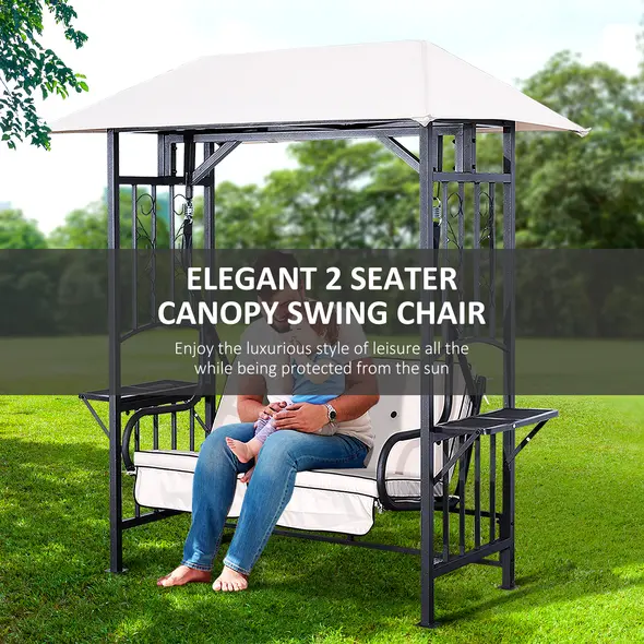 Outsunny Outdoor Garden 2 Seater Canopy Swing Chair Seat Porch Loveseat Vintage Hammock Cushioned Seat w/ and Side Drink Panel - 7