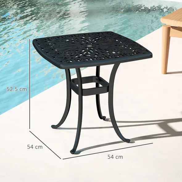 Outsunny Outdoor Garden Table with 38mm Dia. Umbrella Hole, Cast Aluminium Patio End Table with Anti-slip Foot Pads for Garden, Patio, Balcony, 54 x 52.5cm, Black - 3