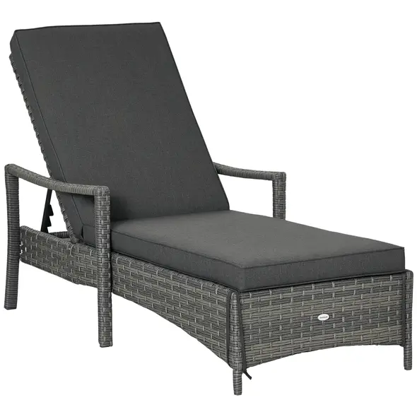 Outsunny Patio Rattan Sun Lounger, Dual Wicker Weave Outdoor Single Reclining Chair Furniture, 5-Level Adjustable Backrest w/ Removeable & Washable Cushion, Mixed Grey - 9
