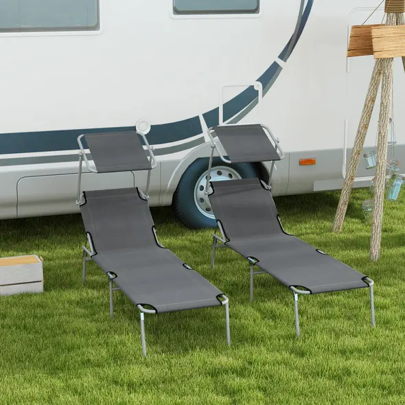 Outsunny Outdoor Foldable Sun Lounger Set of 2, 4 Level Adjustable Backrest Reclining Sun Lounger Chair with Angle Adjust Sun Shade Awning for Beach, Garden, Patio, Grey - 2