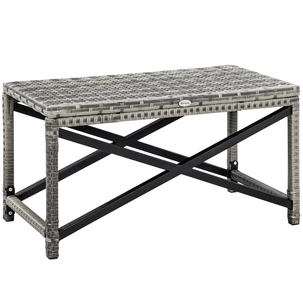 Outsunny Outdoor Coffee Table, Garden PE Rattan Side Table with Plastic Board Under the Full Woven Table Top and X-Shape Frame for Patio, Balcony, Mixed Grey - 1