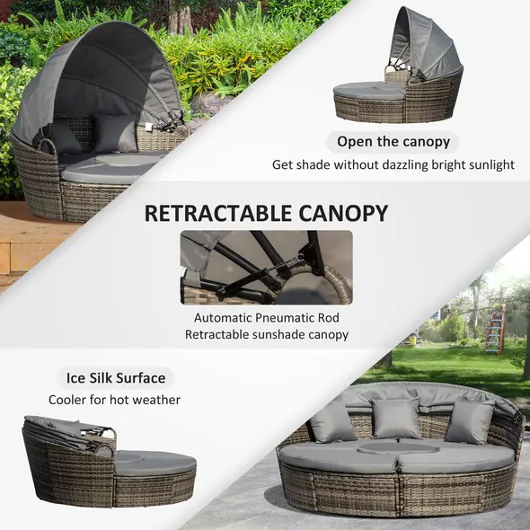 Outsunny Outdoor PE Rattan Garden Furniture with Cushioned, Patio Wicker Conversation Furniture Set, Round Daybed with Retractable Canopy, Coffee Table and Three Pillows, Dark Grey/Grey - 5