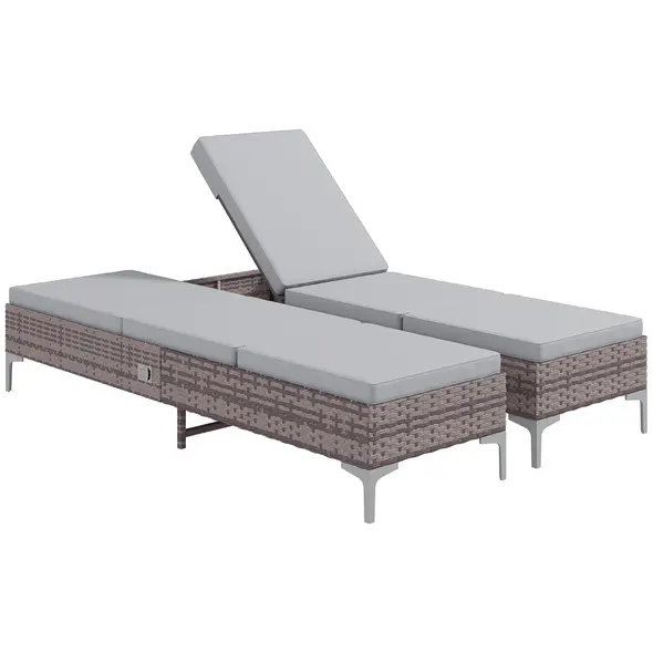 Outsunny Outdoor PE Rattan Sun Lounger Set of 2, Multi-position Backrest Adjustable Single Recliner Sunbed Daybed with Removeable & Washable Cushion, for Patio, Garden, Light Grey - 1