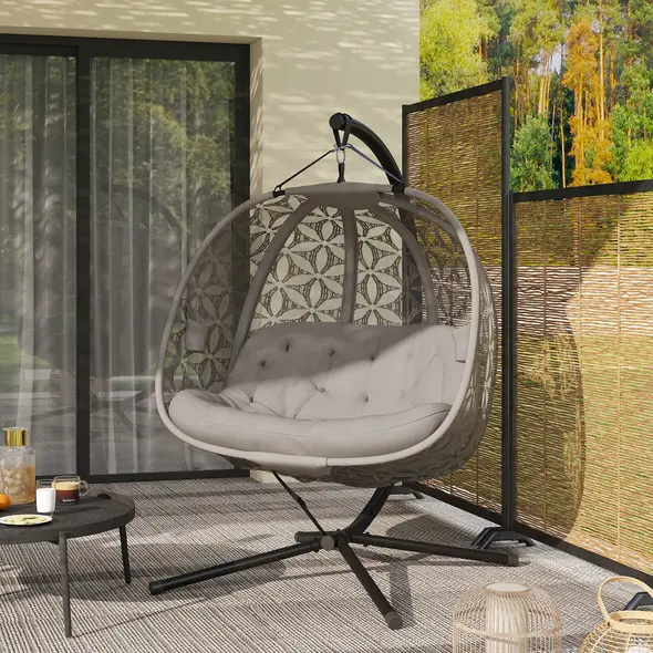 Outsunny Outdoor Double Hanging Chair with Cushion and Cup Holders, Sand Brown - 8