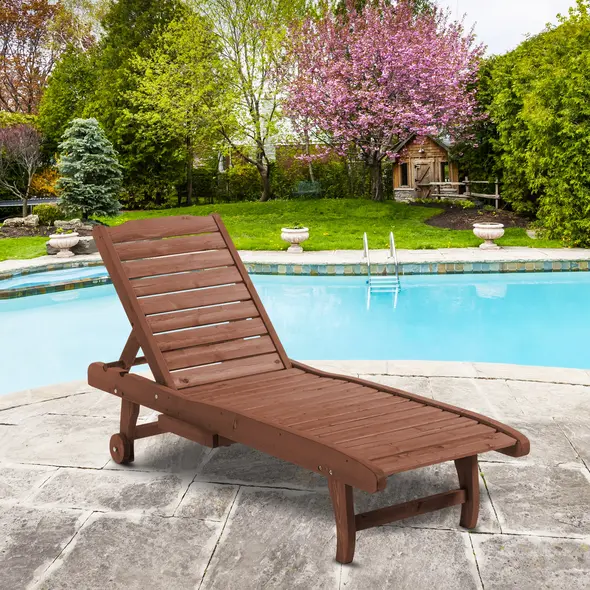 Outsunny Outdoor Wooden Lounger Chair, Sun Bed with Built-In Table, Adjustable Backrest and Wheels, Red Brown - 2