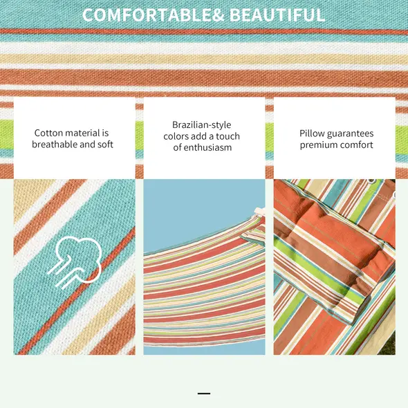 Outsunny Outdoor Garden Hammock with Stand, Double Cotton Hammock with Adjustable Steel Frame, Swing Hanging Bed with Pillow, for Garden, Patio, Beach, Red Stripes - 5