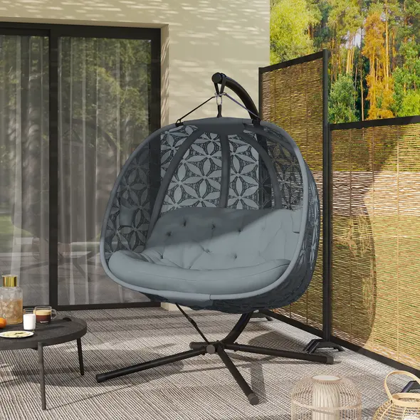 Outsunny Outdoor Double Hanging Chair with Cushion and Cup Holders, Charcoal Grey - 8