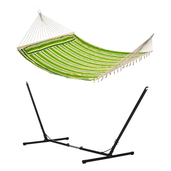 Outsunny Outdoor Garden Hammock with Stand, Double Cotton Hammock with Adjustable Steel Frame, Swing Hanging Bed with Pillow, for Garden, Patio, Beach, Green Stripes - 1