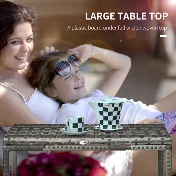 Outsunny Outdoor Coffee Table, Garden PE Rattan Side Table with Plastic Board Under the Full Woven Table Top and Rectangular Frame for Patio, Balcony, Mixed Grey - 5