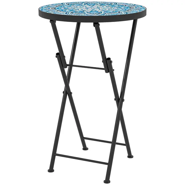 Outsunny Mosaic Outdoor Garden Table, 35.5cm Round Folding Coffee Table with Metal Frame for Balcony Terrace, Blue - 1