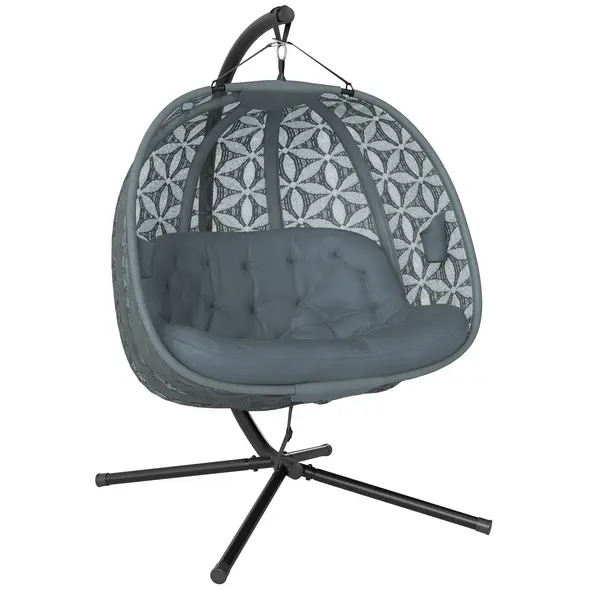 Outsunny Outdoor Double Hanging Chair with Cushion and Cup Holders, Charcoal Grey - 1