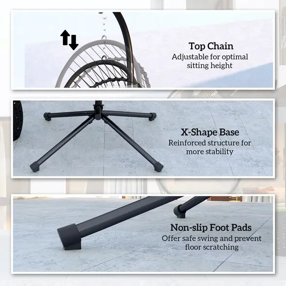 Outsunny Outdoor PE Rattan Swing Chair with Foldable Basket and Cushion, Garden Patio Hanging Egg Chair with Metal Stand, Headrest for Indoor and Outdoor, Black - 7