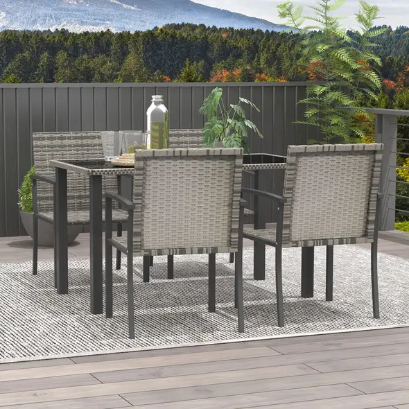 Outsunny Outdoor Dining Set 5 Pieces Patio Conservatory with Tempered Glass Tabletop,4 Dining Chairs - Mixed Grey - 7