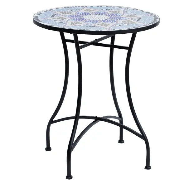 Outsunny Outdoor Mosaic Round Garden Table, Patio Bistro Coffee Side Table with 60cm Ceramic Top for Garden, Blue and White - 1