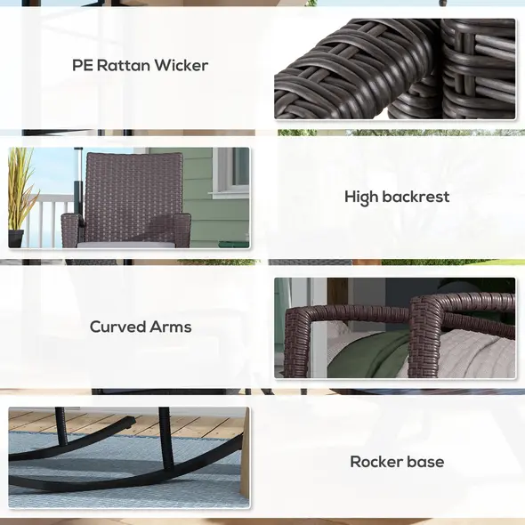 Outsunny Outdoor PE Rattan Rocking Chair Set of 2, Garden Rocking Chair Set with Armrest and Cushion, Grey - 6