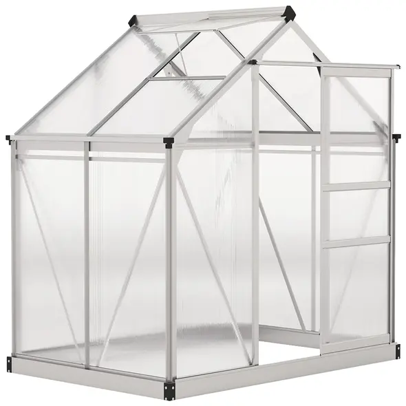 Outsunny Polycarbonate Greenhouse, Large Walk-In Green House with Slide Door and Window, Aluminium Frame, 6x4ft, Silver Tone - 1