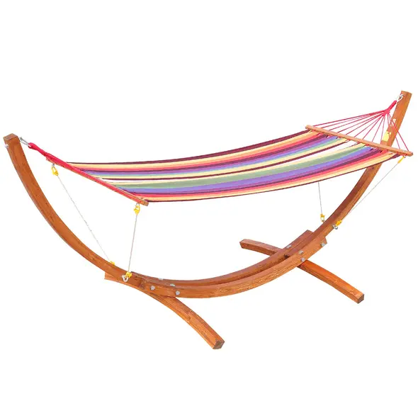 Outsunny Outdoor Hammock with Stand, Free Standing Hammock with Arc Wooden Frame and 200 x 100cm Fabric, Garden Swing Hanging Bed with Safe Ropes, Multicolour - 1