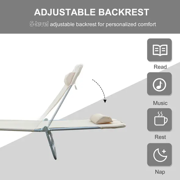 Outsunny Outdoor Foldable Sun Lounger, Adjustable Backrest Garden Recliner Sun Lounger Chair with Headrest Pillow, Beige - 4