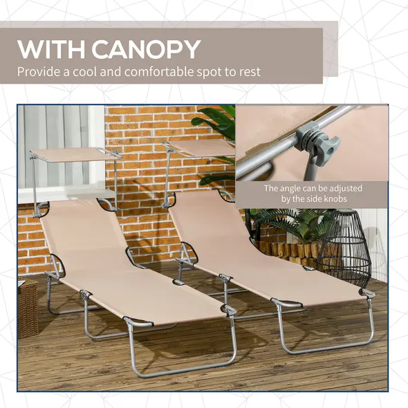 Outsunny Outdoor Foldable Sun Lounger Set of 2, 4 Level Adjustable Backrest Reclining Sun Lounger Chair with Angle Adjust Sun Shade Awning for Beach, Garden, Patio, Sand - 6